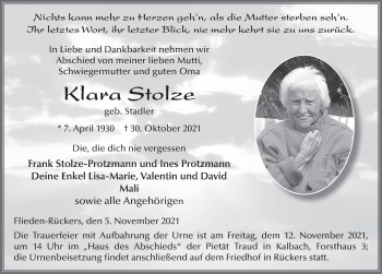 Traueranzeige von Klara Stolze von FZ