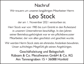 Traueranzeige von Leo Stock von FZ