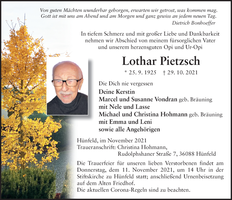  Traueranzeige für Lothar Pietzsch vom 08.11.2021 aus FZ