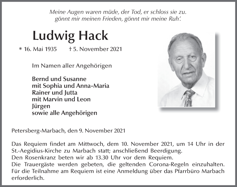  Traueranzeige für Ludwig Hack vom 09.11.2021 aus FZ