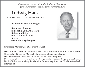Traueranzeige von Ludwig Hack von FZ