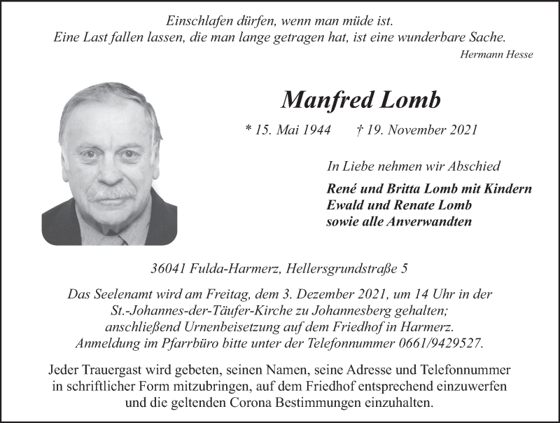  Traueranzeige für Manfred Lomb vom 29.11.2021 aus FZ