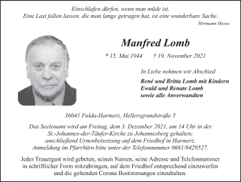Traueranzeige von Manfred Lomb von FZ