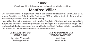 Traueranzeige von Manfred Völler von FZ