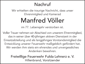 Traueranzeige von Manfred Völler von FZ
