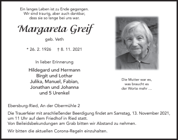 Traueranzeige von Margareta Greif von FZ