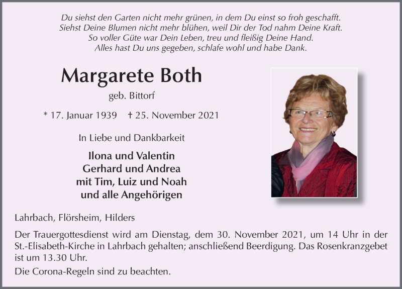  Traueranzeige für Margarete Both vom 27.11.2021 aus FZ