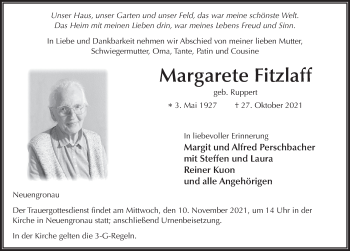 Traueranzeige von Margarete Fitzlaff von FZ