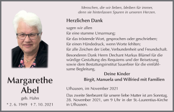 Traueranzeige von Margarethe Abel von FZ