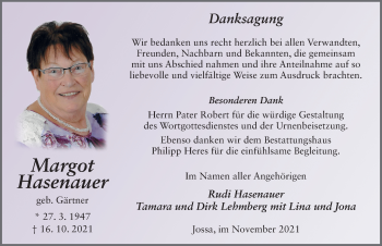 Traueranzeige von Margot Hasenauer von FZ
