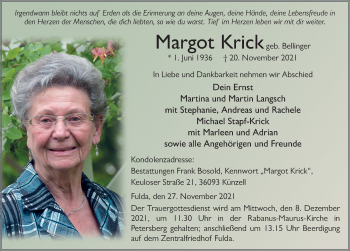 Traueranzeige von Margot Krick von FZ