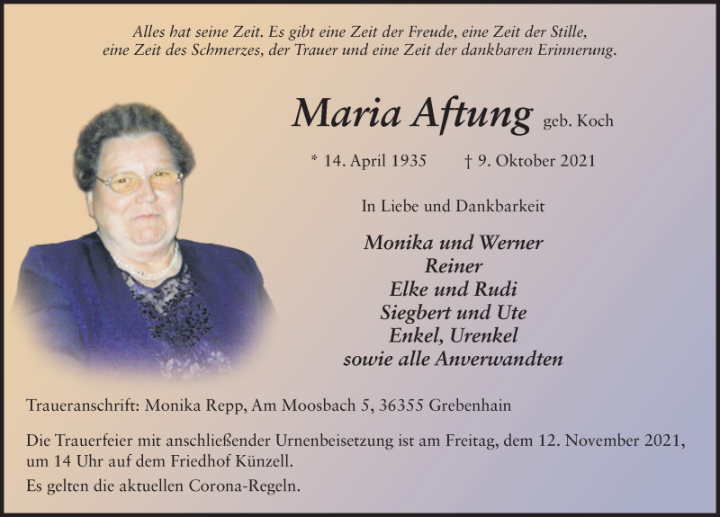  Traueranzeige für Maria Aftung vom 06.11.2021 aus FZ