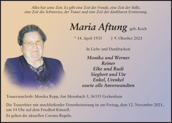Traueranzeige von Maria Aftung von FZ