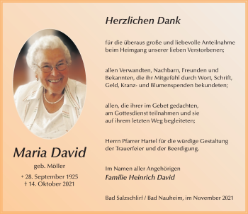 Traueranzeige von Maria David von FZ