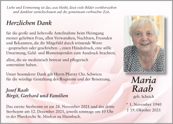 Traueranzeige von Maria Raab von FZ