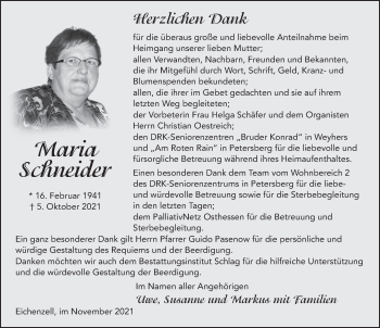 Traueranzeige von Maria Schneider von FZ