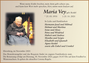 Traueranzeige von Maria Vey von FZ