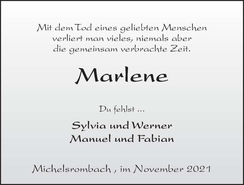  Traueranzeige für Marlene Vogel vom 10.11.2021 aus FZ