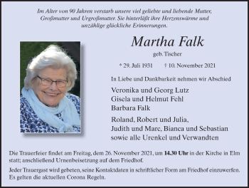 Traueranzeige von Martha Falk von FZ
