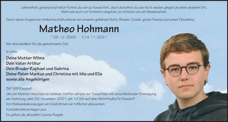  Traueranzeige für Matheo Hohmann vom 18.11.2021 aus FZ