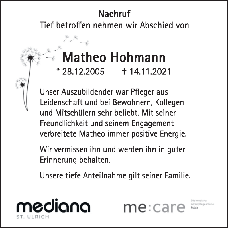  Traueranzeige für Matheo Hohmann vom 19.11.2021 aus FZ