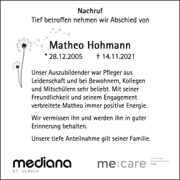 Traueranzeige von Matheo Hohmann von FZ