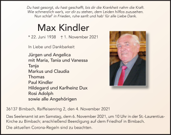 Traueranzeige von Max Kindler von FZ