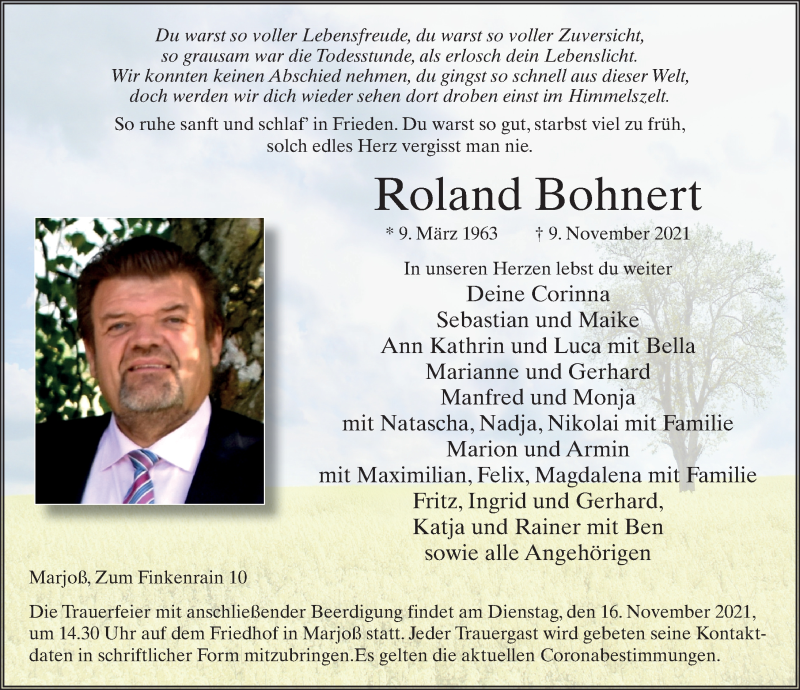  Traueranzeige für Roland Bohnert vom 13.11.2021 aus FZ