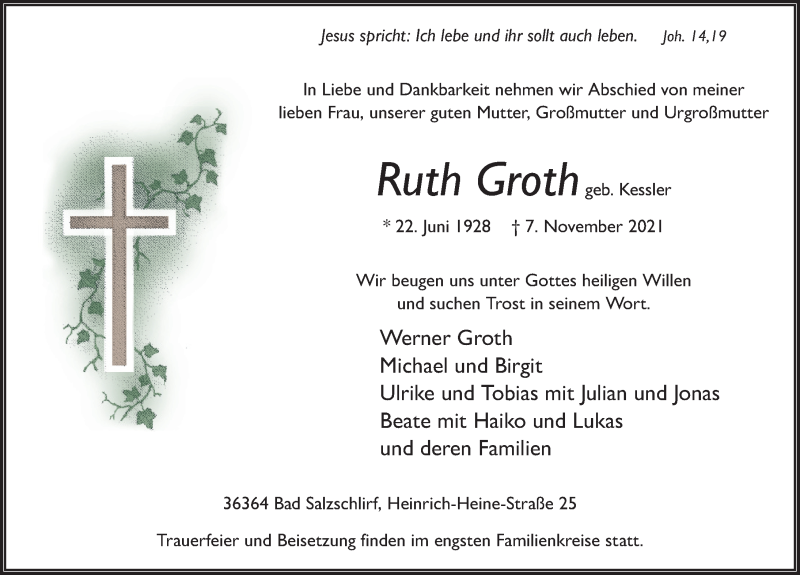  Traueranzeige für Ruth Groth vom 20.11.2021 aus FZ