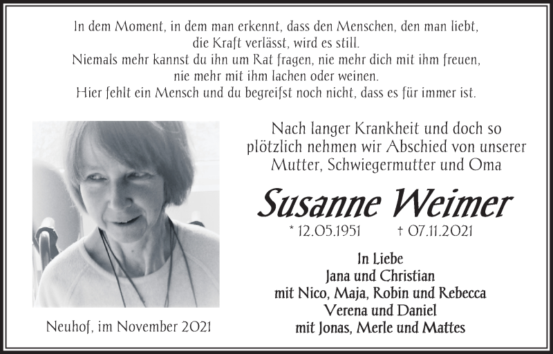  Traueranzeige für Susanne Weimer vom 27.11.2021 aus FZ