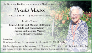 Traueranzeige von Ursula Maass von FZ