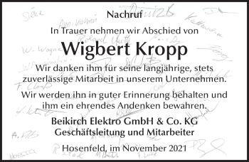Traueranzeige von Wigbert Kropp von FZ