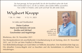 Traueranzeige von Wigbert Kropp von FZ