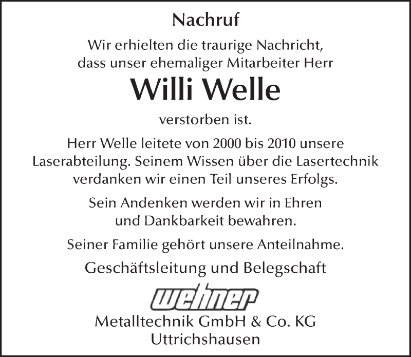  Traueranzeige für Willi Welle vom 16.11.2021 aus FZ