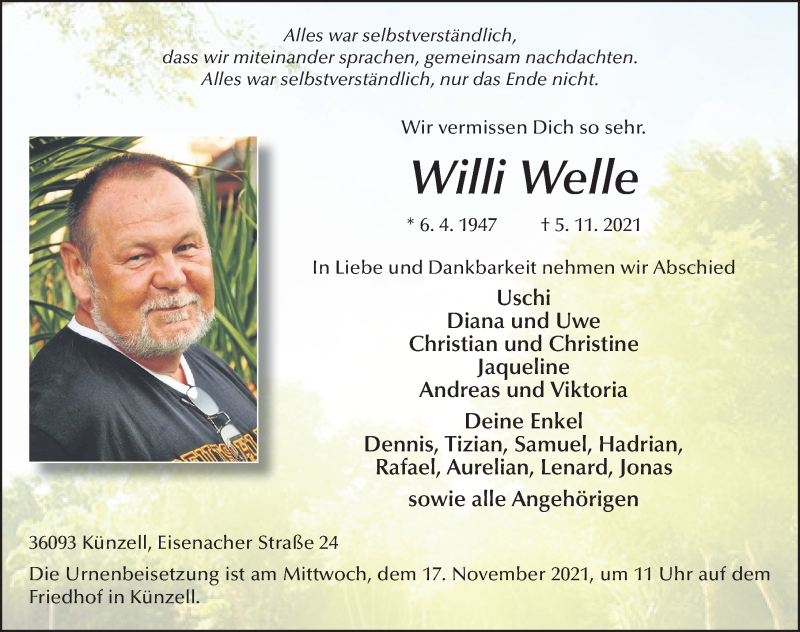  Traueranzeige für Willi Welle vom 12.11.2021 aus FZ