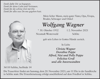 Traueranzeige von Wolfgang Wagner von FZ