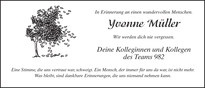  Traueranzeige für Yvonne Müller vom 29.11.2021 aus FZ