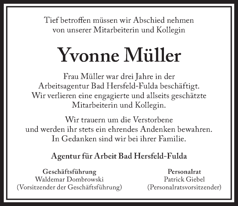  Traueranzeige für Yvonne Müller vom 29.11.2021 aus FZ