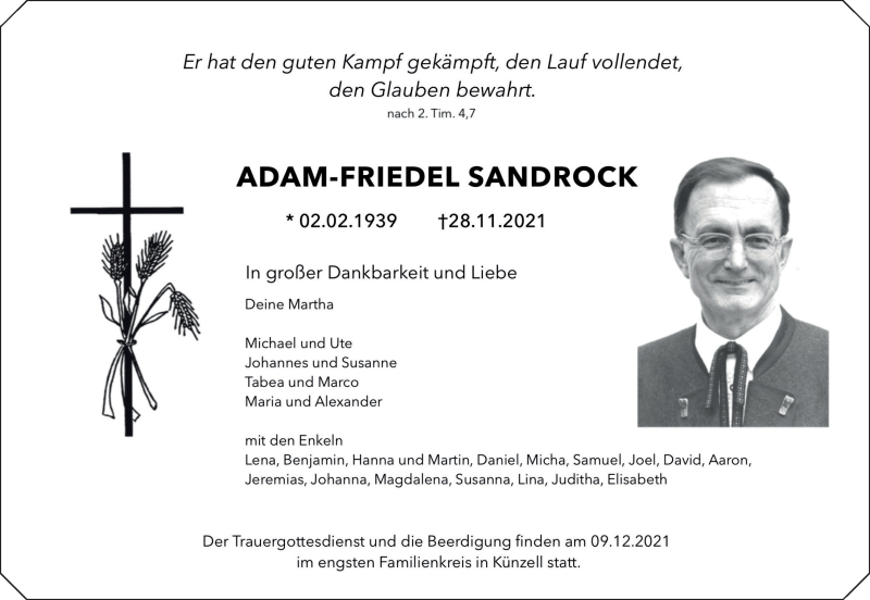  Traueranzeige für Adam-Friedel Sandrock vom 04.12.2021 aus FZ