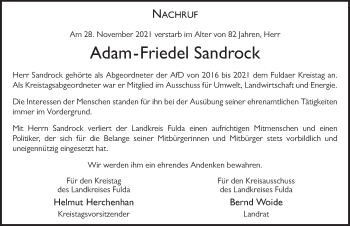 Traueranzeige von Adam-Friedel Sandrock von FZ