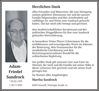 Traueranzeige von Adam-Friedel Sandrock von FZ