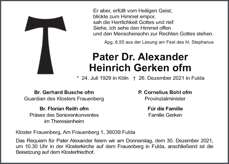  Traueranzeige für Alexander Heinrich Gerken vom 28.12.2021 aus FZ