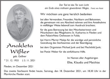 Traueranzeige von Anakleta Wißler von FZ