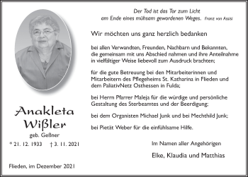 Traueranzeige von Anakleta Wißler von FZ