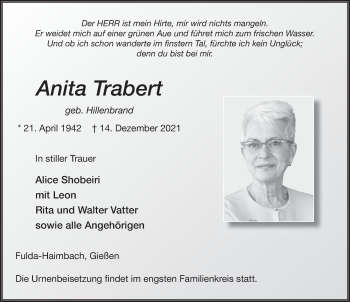 Traueranzeige von Anita Trabert von FZ