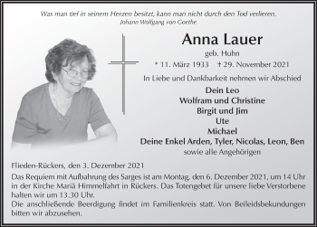 Traueranzeige von Anna Lauer von FZ