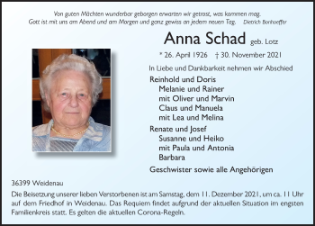 Traueranzeige von Anna Schad von FZ