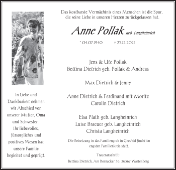 Traueranzeige von Anne Pollak von FZ