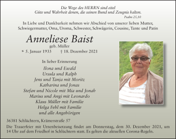 Traueranzeige von Anneliese Baist von FZ
