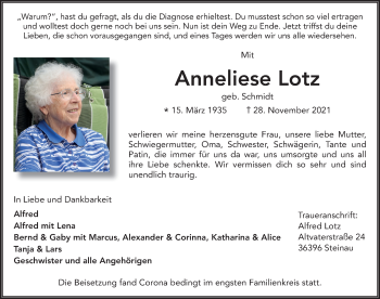 Traueranzeige von Anneliese Lotz von FZ